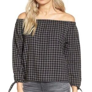 Madewell XS black and white plaid off the shoulder gingham top
